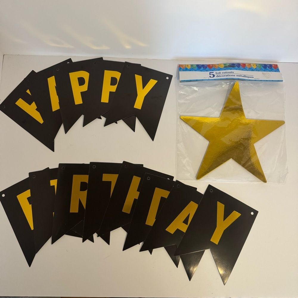 Black and Gold Birthday Banner and stars bundle
